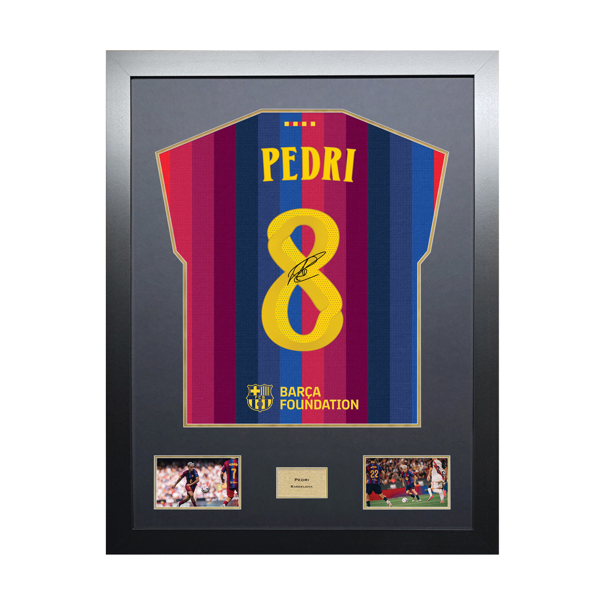 Pedri Highline framed football shirt display with machine-applied signature and black/gold mount on white background