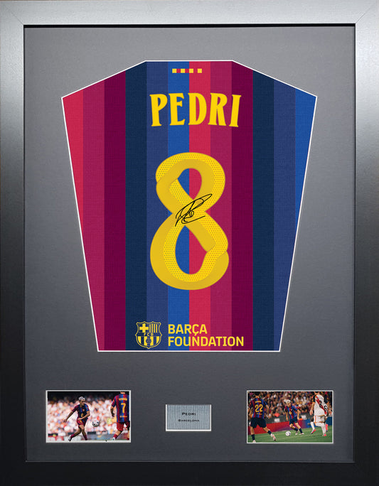 Pedri Standard framed football shirt display with machine-applied signature
