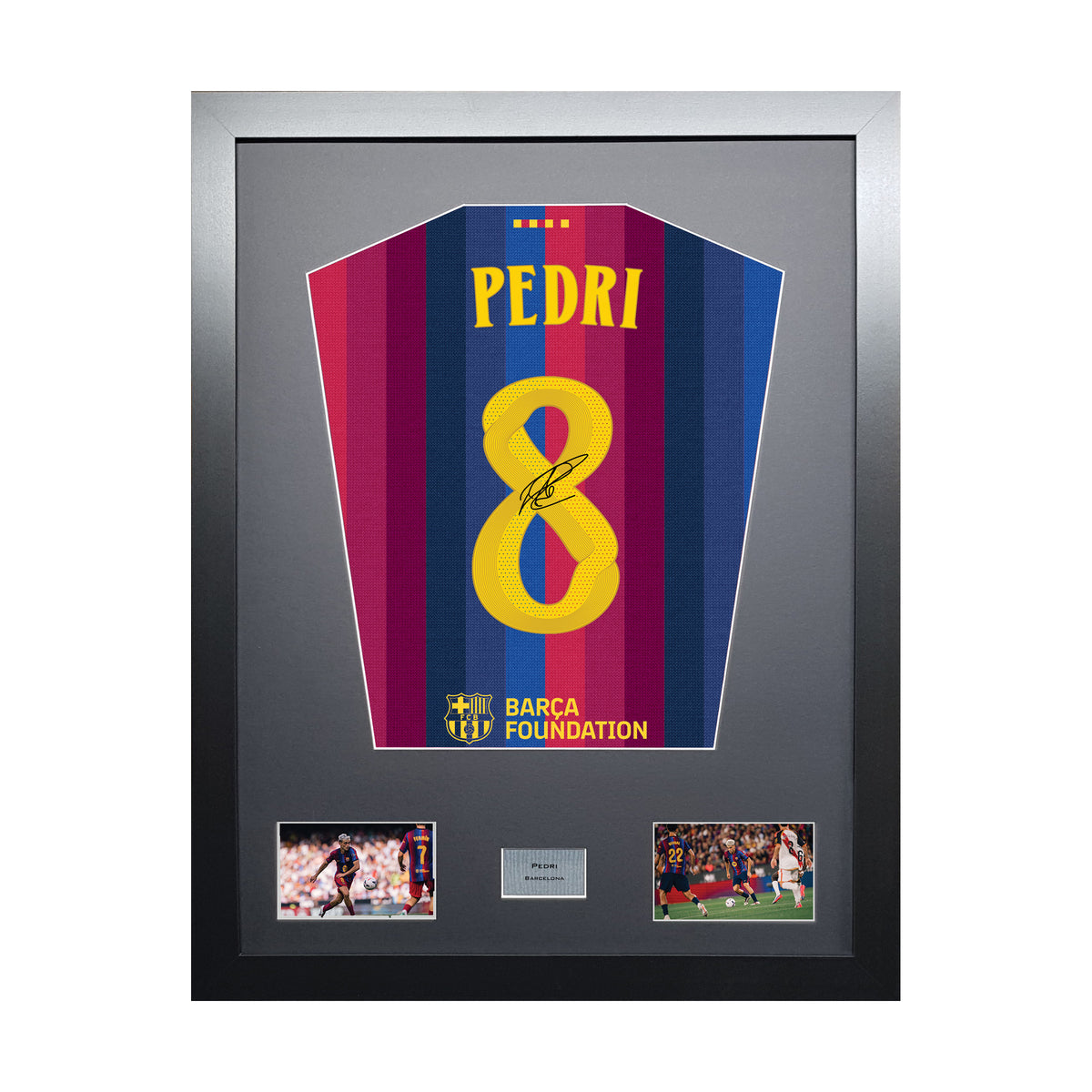 Pedri Standard framed football shirt display with machine-applied signature on white background