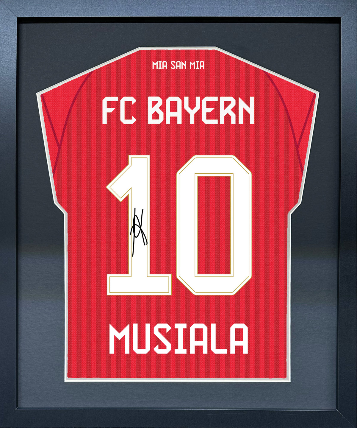 Jamal Musiala compact Gift 450 framed football display with black/silver mount and machine-applied pen signature