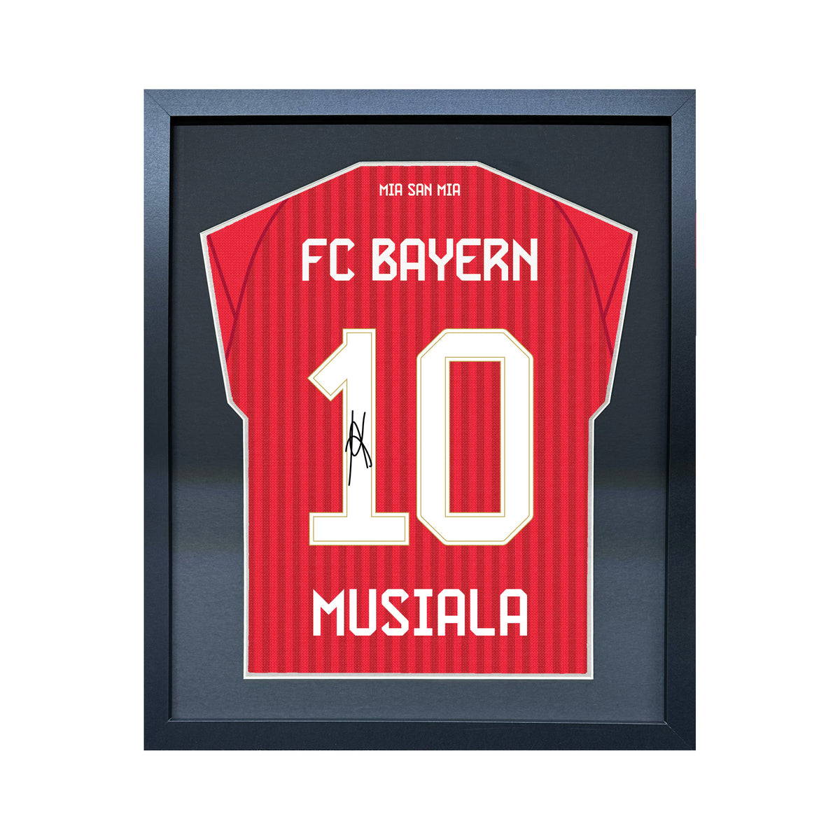 Jamal Musiala compact Gift 450 framed football display with black/silver mount and machine-applied pen signature on white background