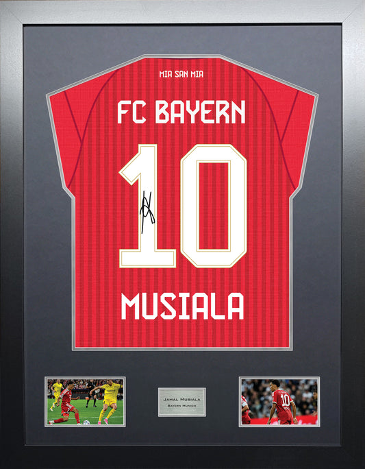 Jamal Musiala Highline framed football shirt display with machine-applied signature and black/silver mount