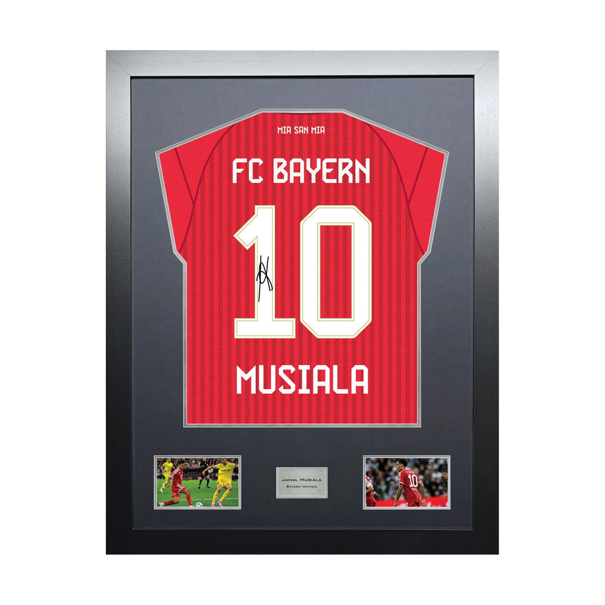 Jamal Musiala Highline framed football shirt display with machine-applied signature and black/silver mount on white background
