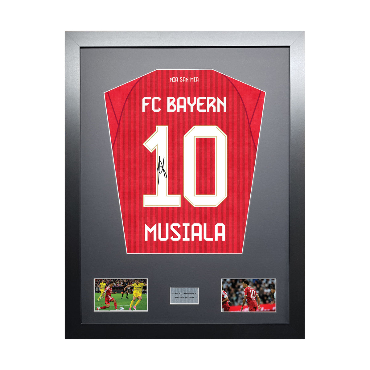 Jamal Musiala Standard framed football shirt display with machine-applied signature on white background