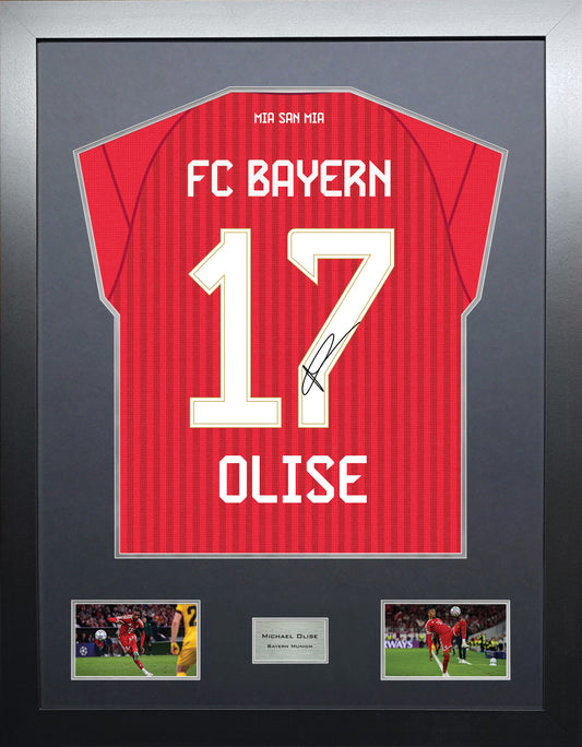 Michael Olise Highline framed football shirt display with machine-applied signature and black/silver mount