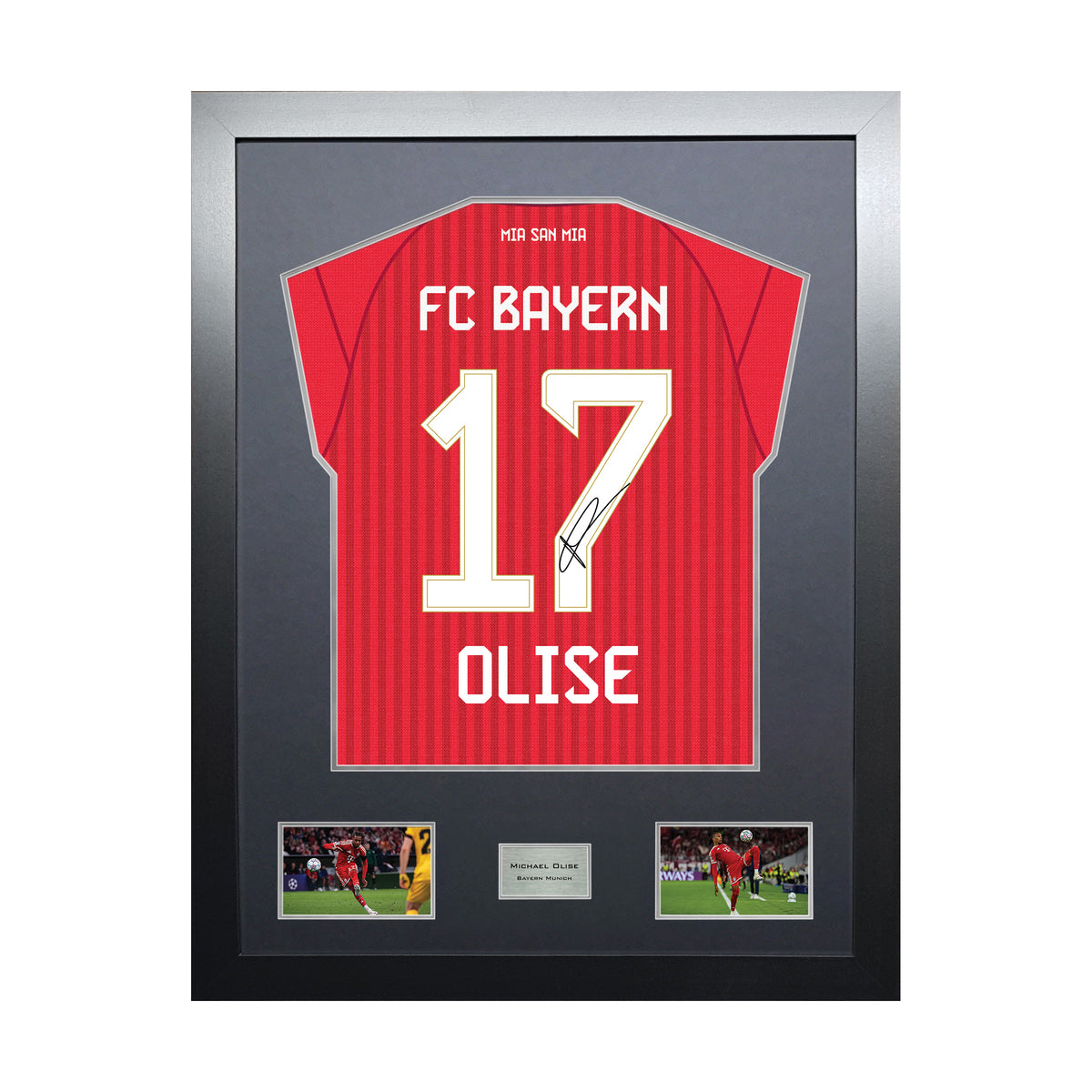 Michael Olise Highline framed football shirt display with machine-applied signature and black/silver mount on white background