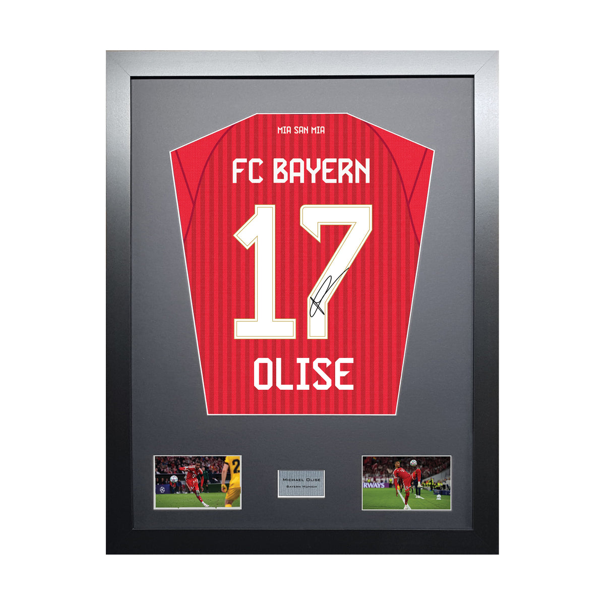 Michael Olise Standard framed football shirt display with machine-applied signature on white background
