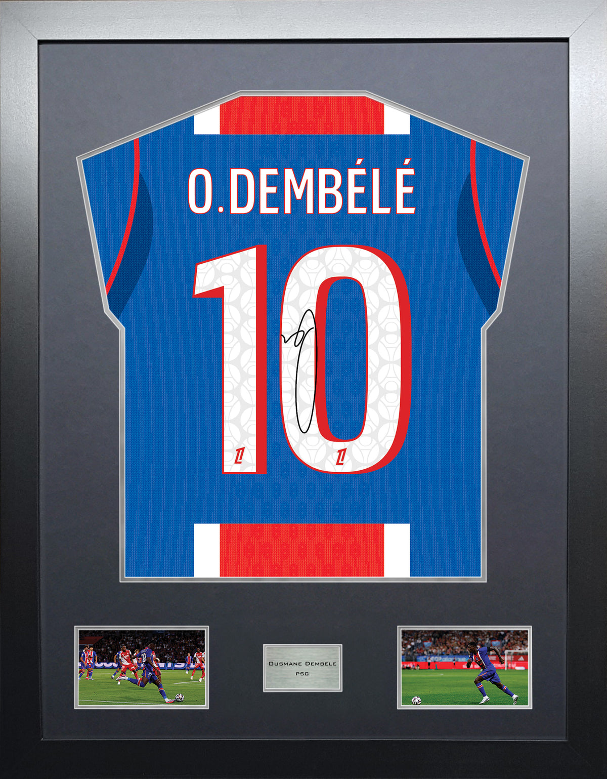 Ousmane Dembele Highline framed football shirt display with machine-applied signature and black/silver mount