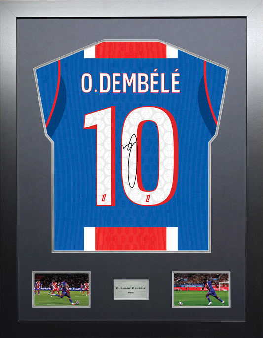 Ousmane Dembele Highline framed football shirt display with machine-applied signature and black/silver mount