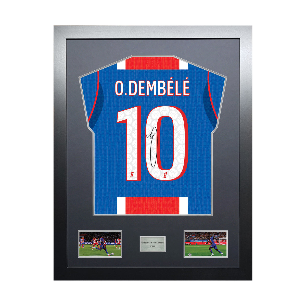 Ousmane Dembele Highline framed football shirt display with machine-applied signature and black/silver mount on white background