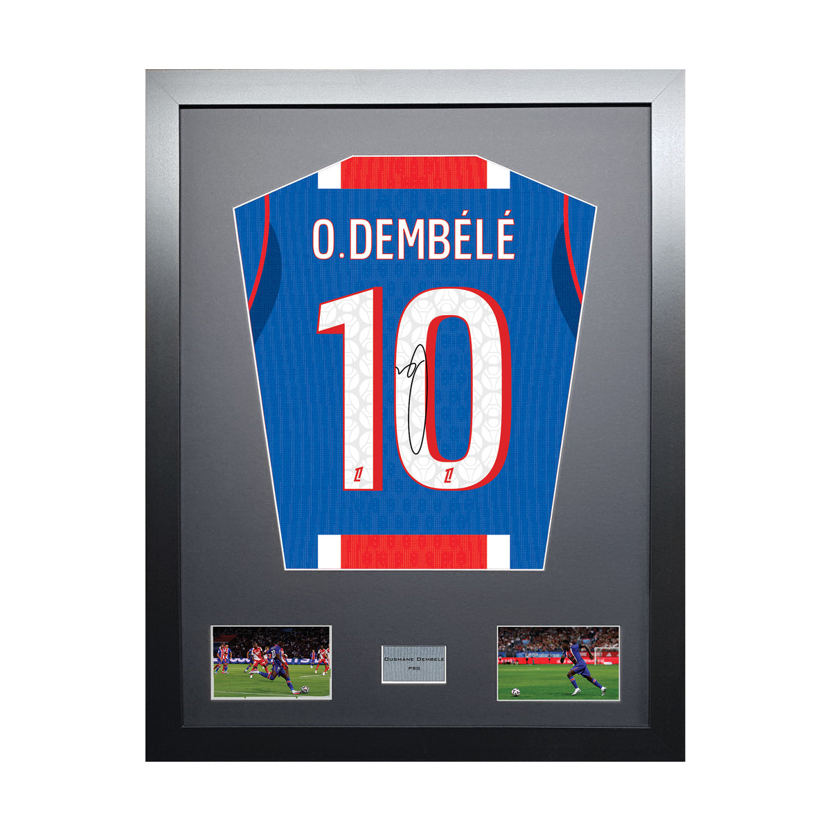 Ousmane Dembele Standard framed football shirt display with machine-applied signature on white background