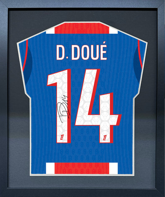 Desire Doue compact Gift 450 framed football display with black/silver mount and machine-applied pen signature