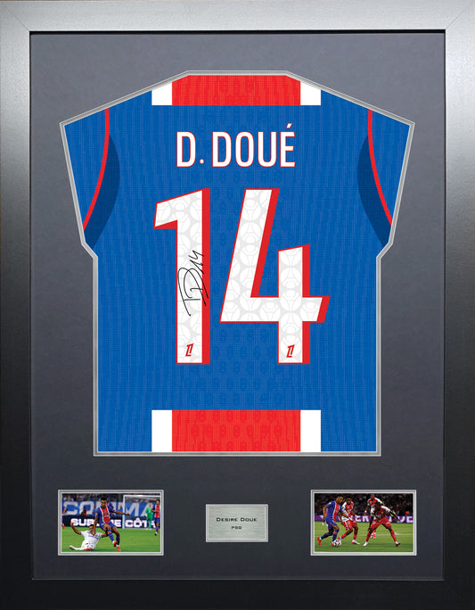 Desire Doue Highline framed football shirt display with machine-applied signature and black/silver mount