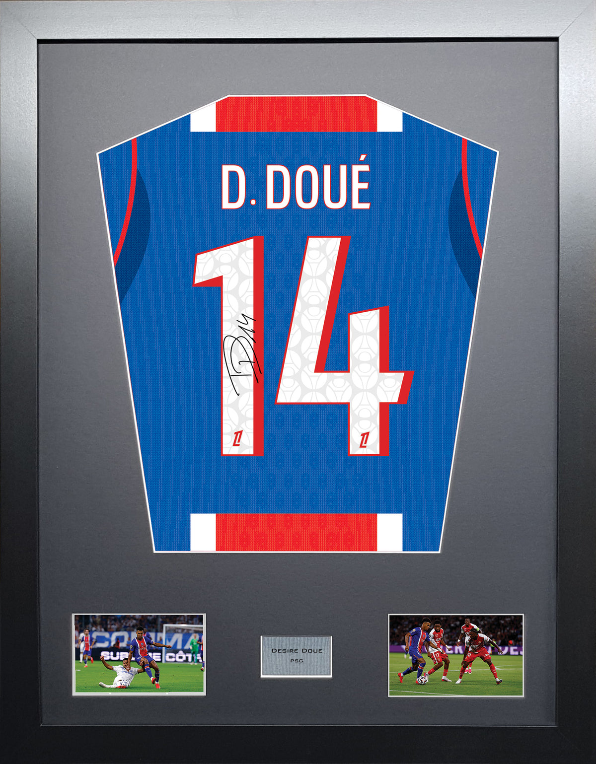 Desire Doue Standard framed football shirt display with machine-applied signature