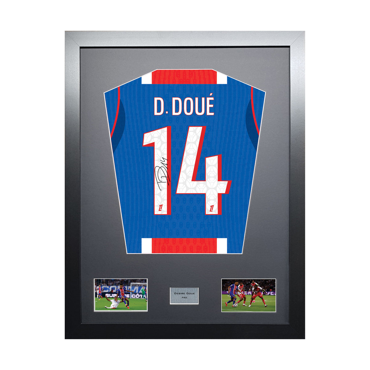 Desire Doue Standard framed football shirt display with machine-applied signature on white background