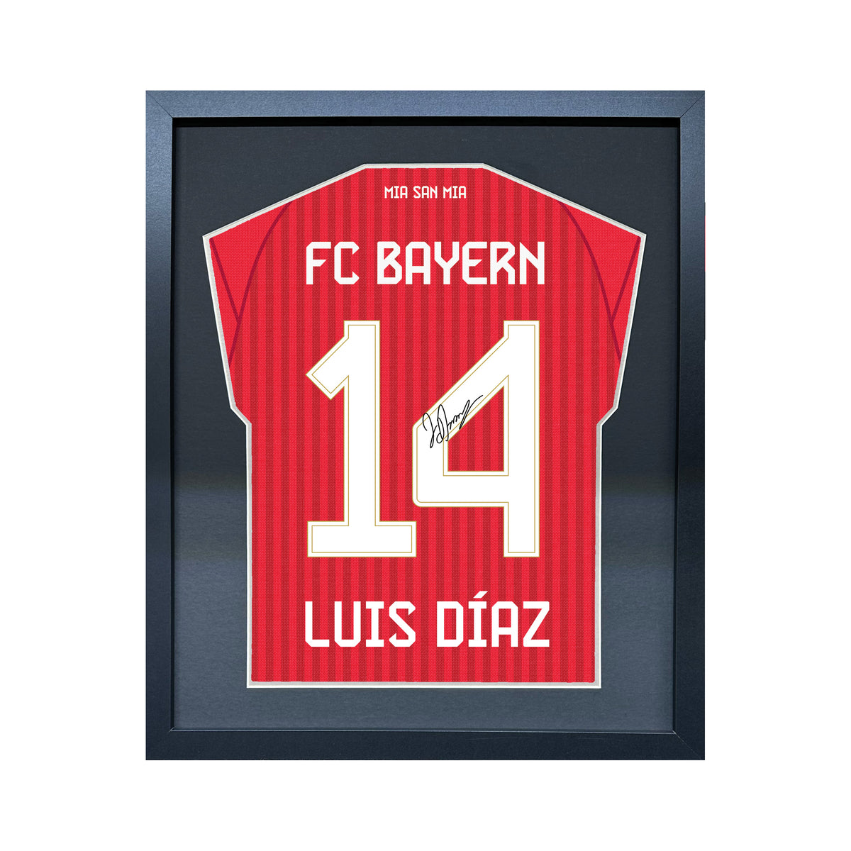 Luis Diaz compact Gift 450 framed football display with black/silver mount and machine-applied pen signature on white background