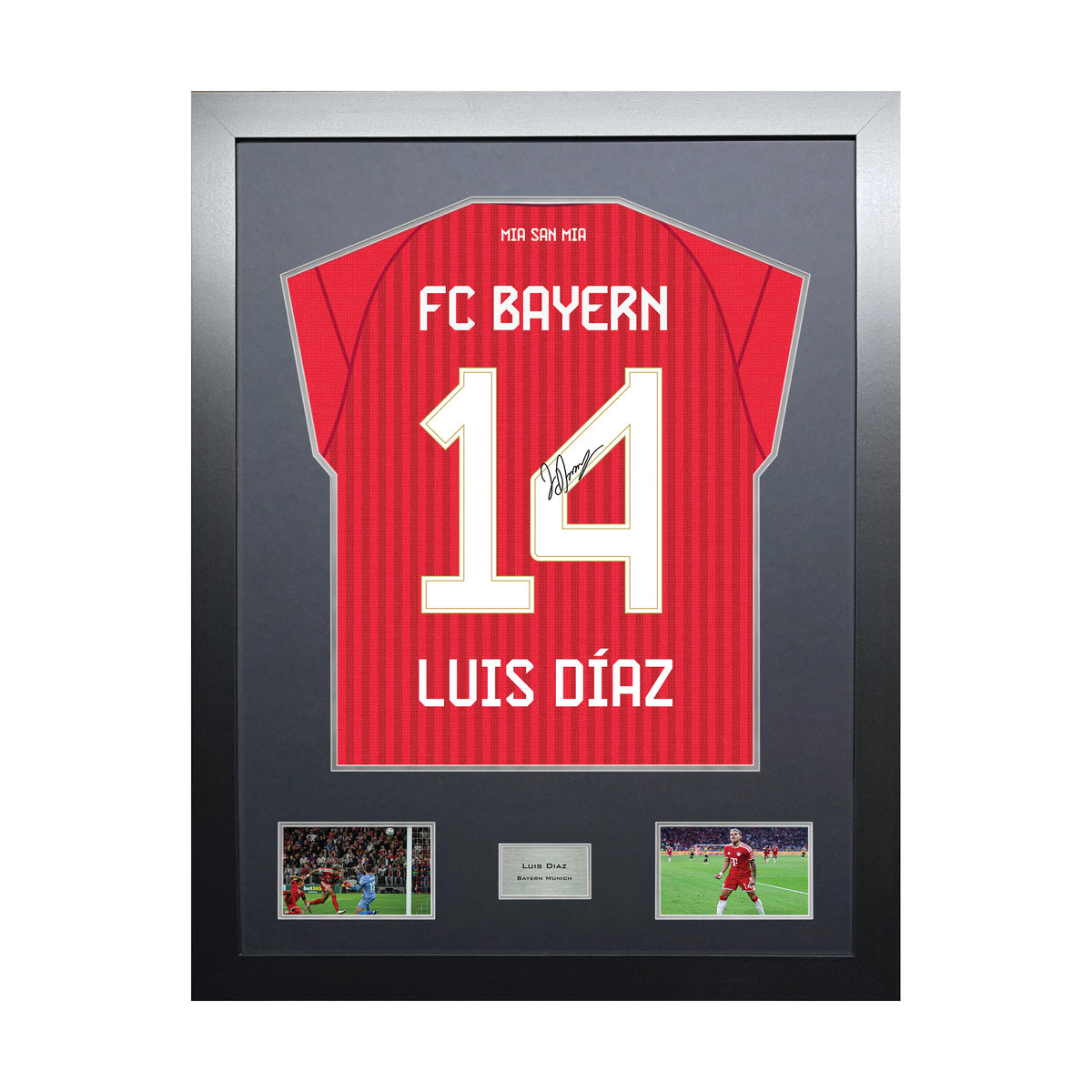Luis Diaz Highline framed football shirt display with machine-applied signature and black/silver mount on white background