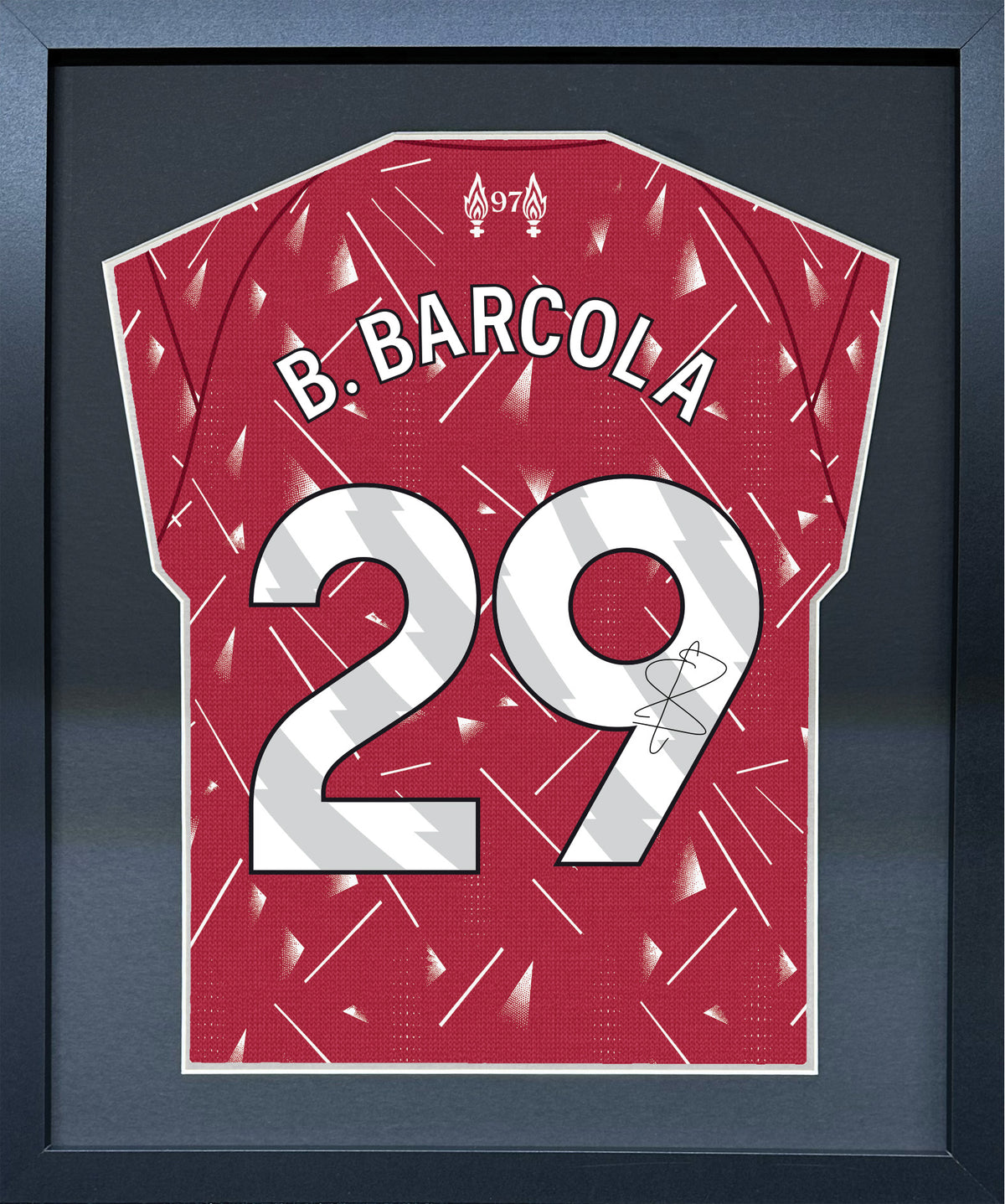 Bradley Barcola compact Gift 450 framed football display with black/silver mount and machine-applied pen signature