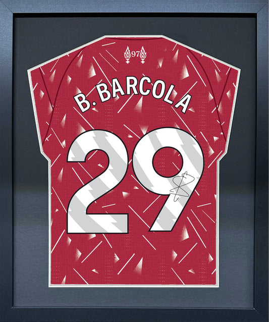Bradley Barcola compact Gift 450 framed football display with black/silver mount and machine-applied pen signature