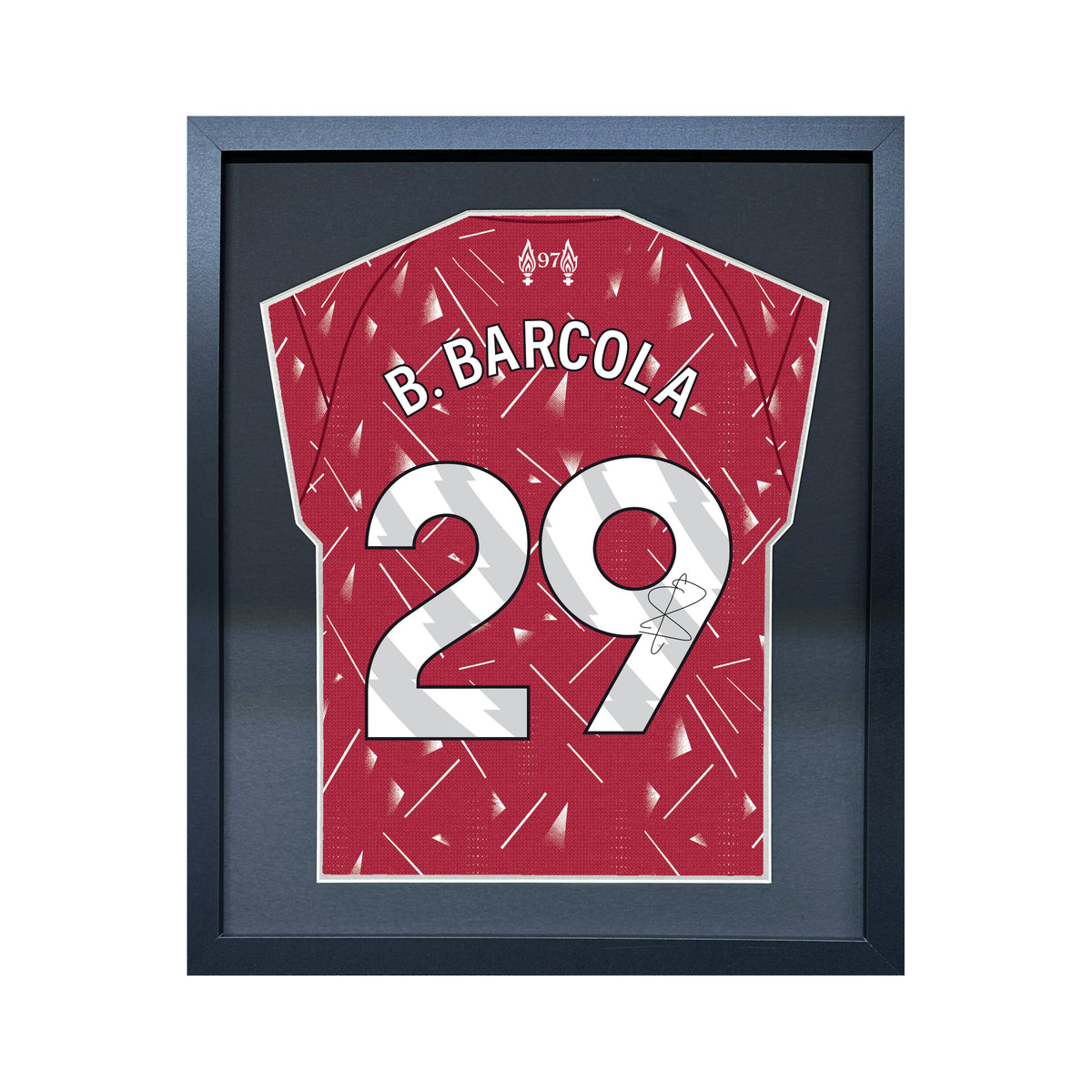 Bradley Barcola compact Gift 450 framed football display with black/silver mount and machine-applied pen signature on white background