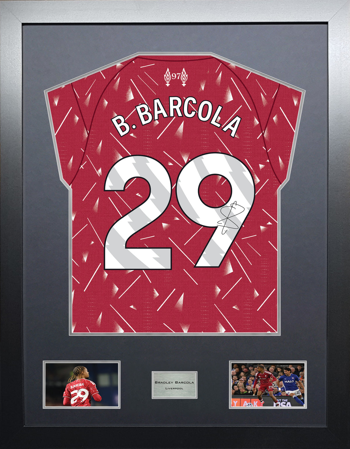 Bradley Barcola Highline framed football shirt display with machine-applied signature and black/silver mount