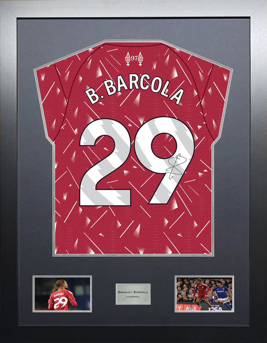 Bradley Barcola Highline framed football shirt display with machine-applied signature and black/silver mount