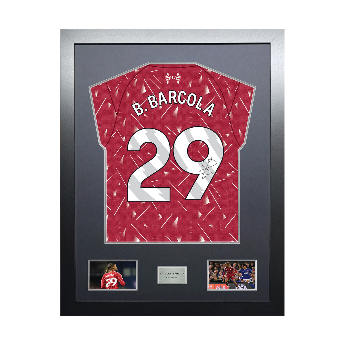 Bradley Barcola Highline framed football shirt display with machine-applied signature and black/silver mount on white background
