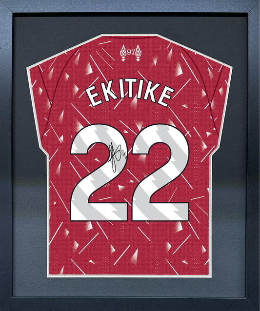 Hugo Ekitike compact Gift 450 framed football display with black/silver mount and machine-applied pen signature