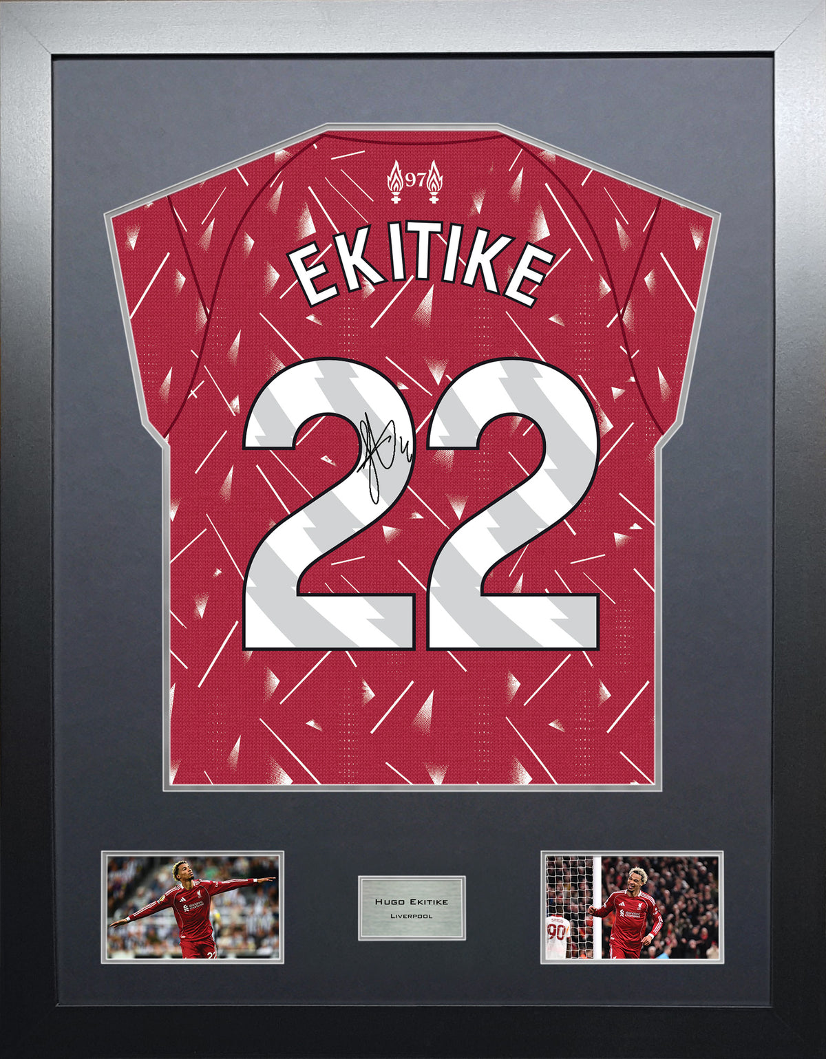 Hugo Ekitike Highline framed football shirt display with machine-applied signature and black/silver mount