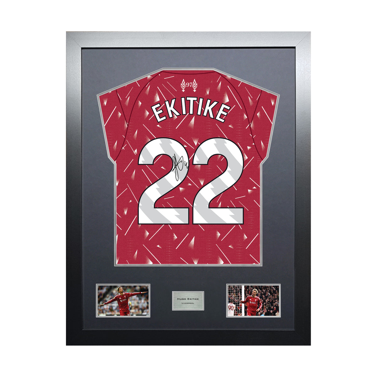 Hugo Ekitike Highline framed football shirt display with machine-applied signature and black/silver mount on white background