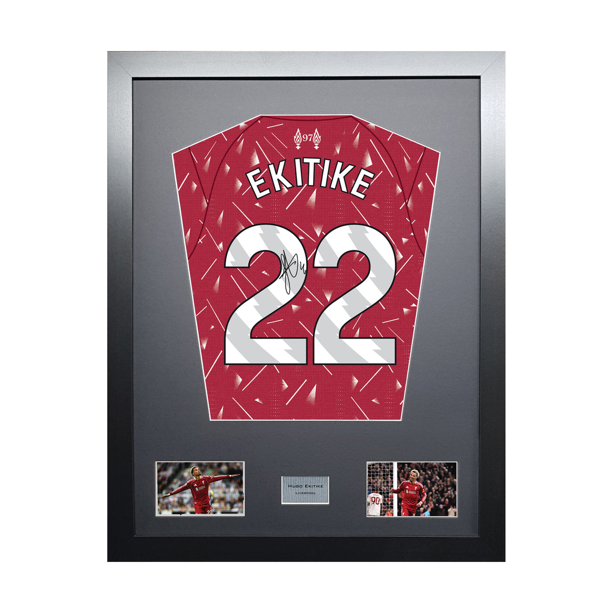 Hugo Ekitike Standard framed football shirt display with machine-applied signature on white background