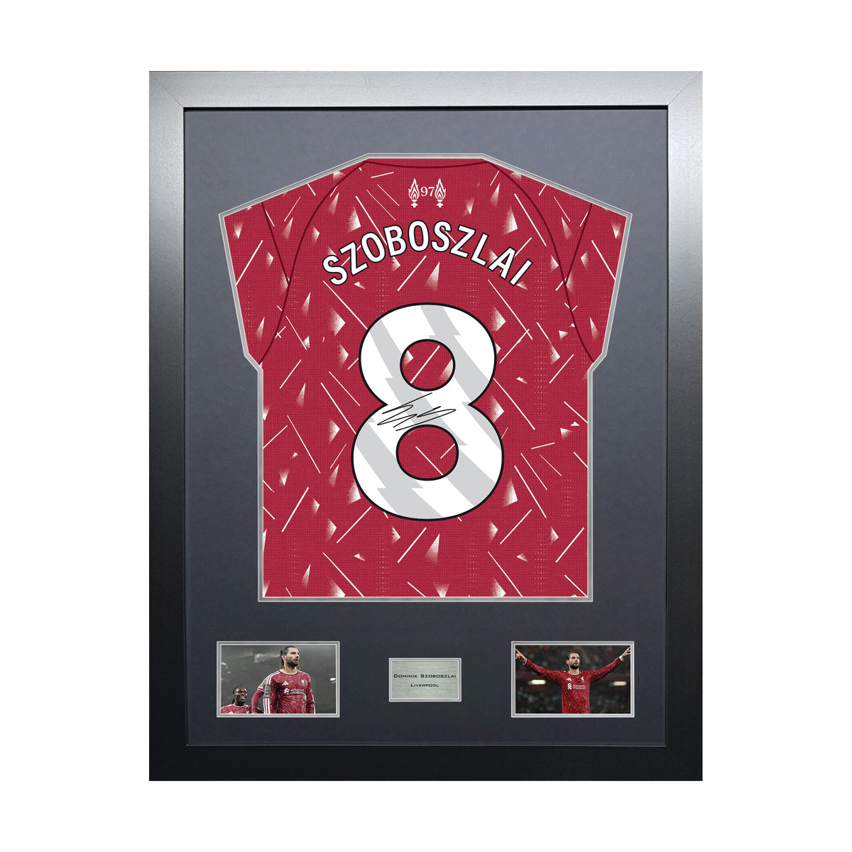 Dominik Szoboszlai Highline framed football shirt display with machine-applied signature and black/silver mount on white background
