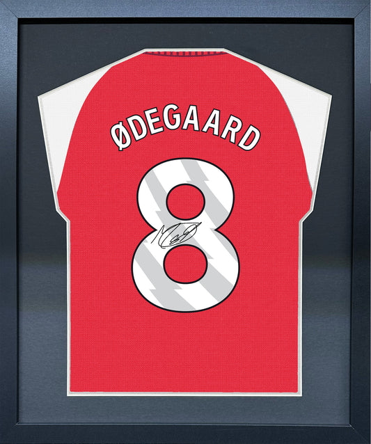Martin Odegaard compact Gift 450 framed football display with black/silver mount and machine-applied pen signature