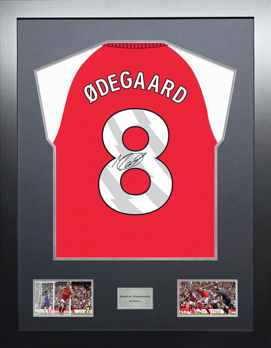 Martin Odegaard Highline framed football shirt display with machine-applied signature and black/silver mount