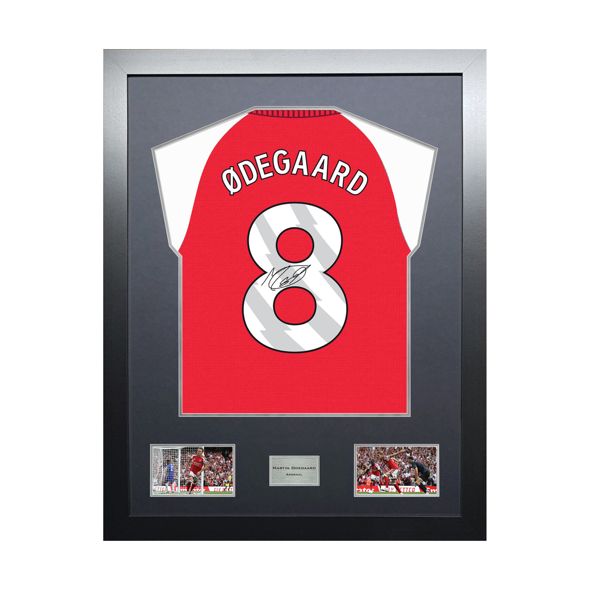 Martin Odegaard Highline framed football shirt display with machine-applied signature and black/silver mount on white background