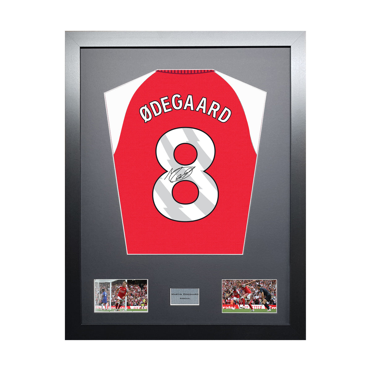 Martin Odegaard Standard framed football shirt display with machine-applied signature on white background