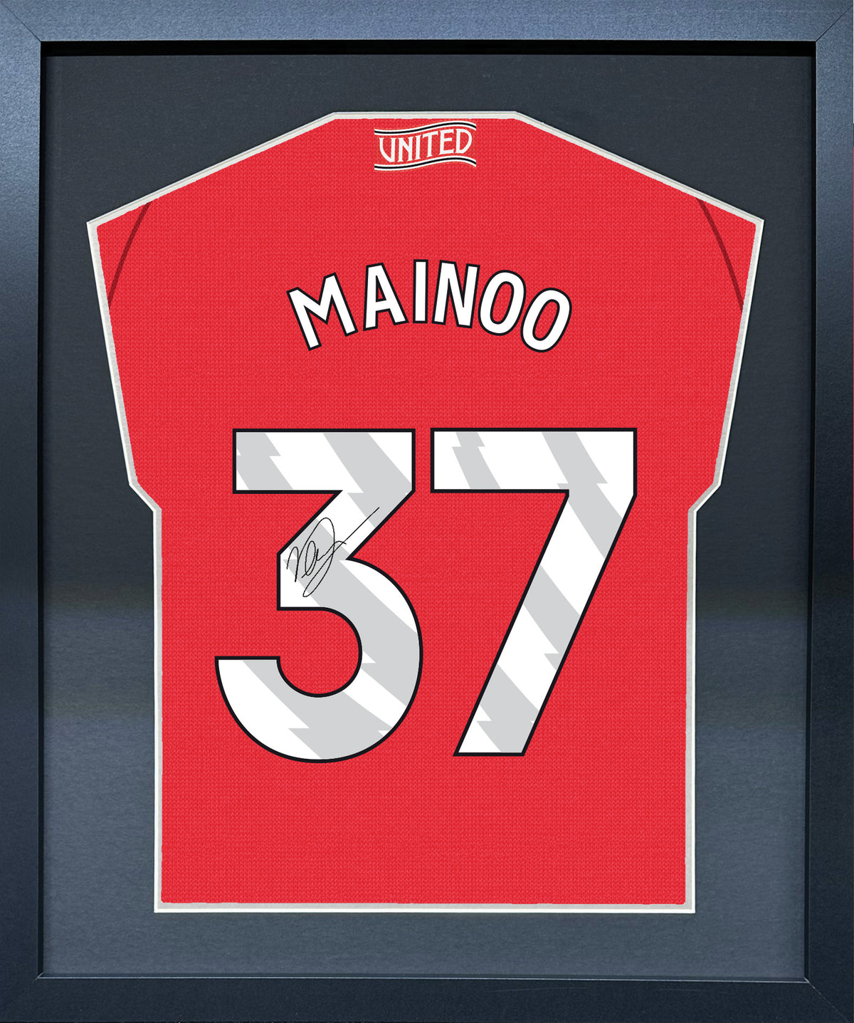 Kobbie Mainoo compact Gift 450 framed football display with black/silver mount and machine-applied pen signature