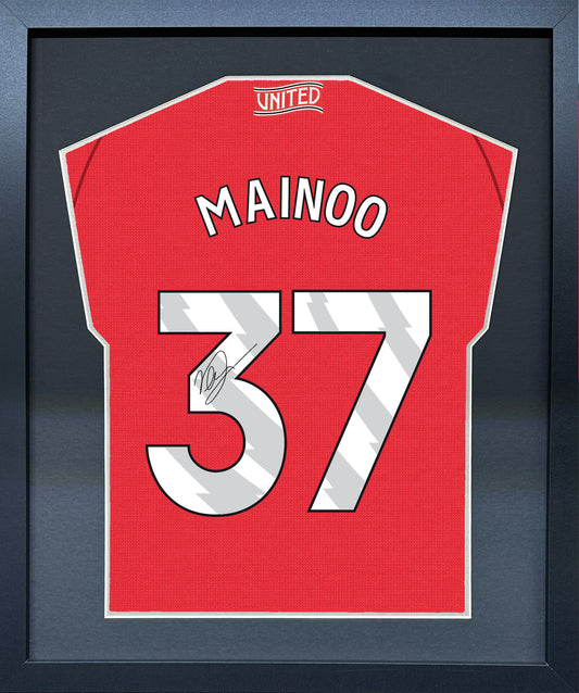Kobbie Mainoo compact Gift 450 framed football display with black/silver mount and machine-applied pen signature
