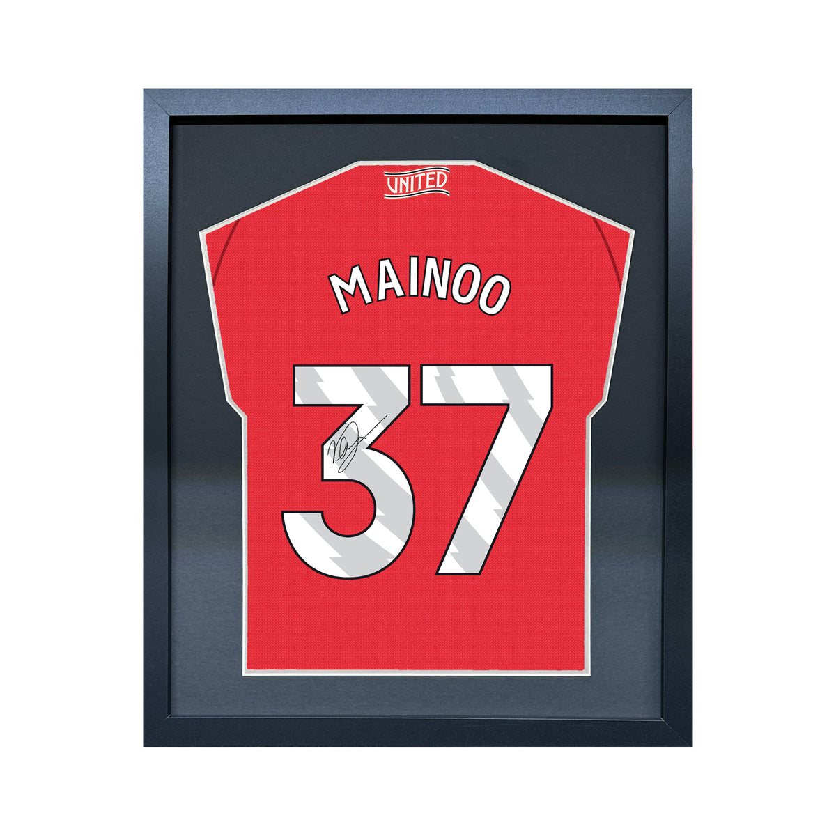 Kobbie Mainoo compact Gift 450 framed football display with black/silver mount and machine-applied pen signature on white background