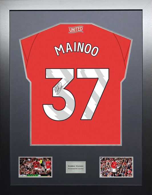 Kobbie Mainoo Highline framed football shirt display with machine-applied signature and black/silver mount