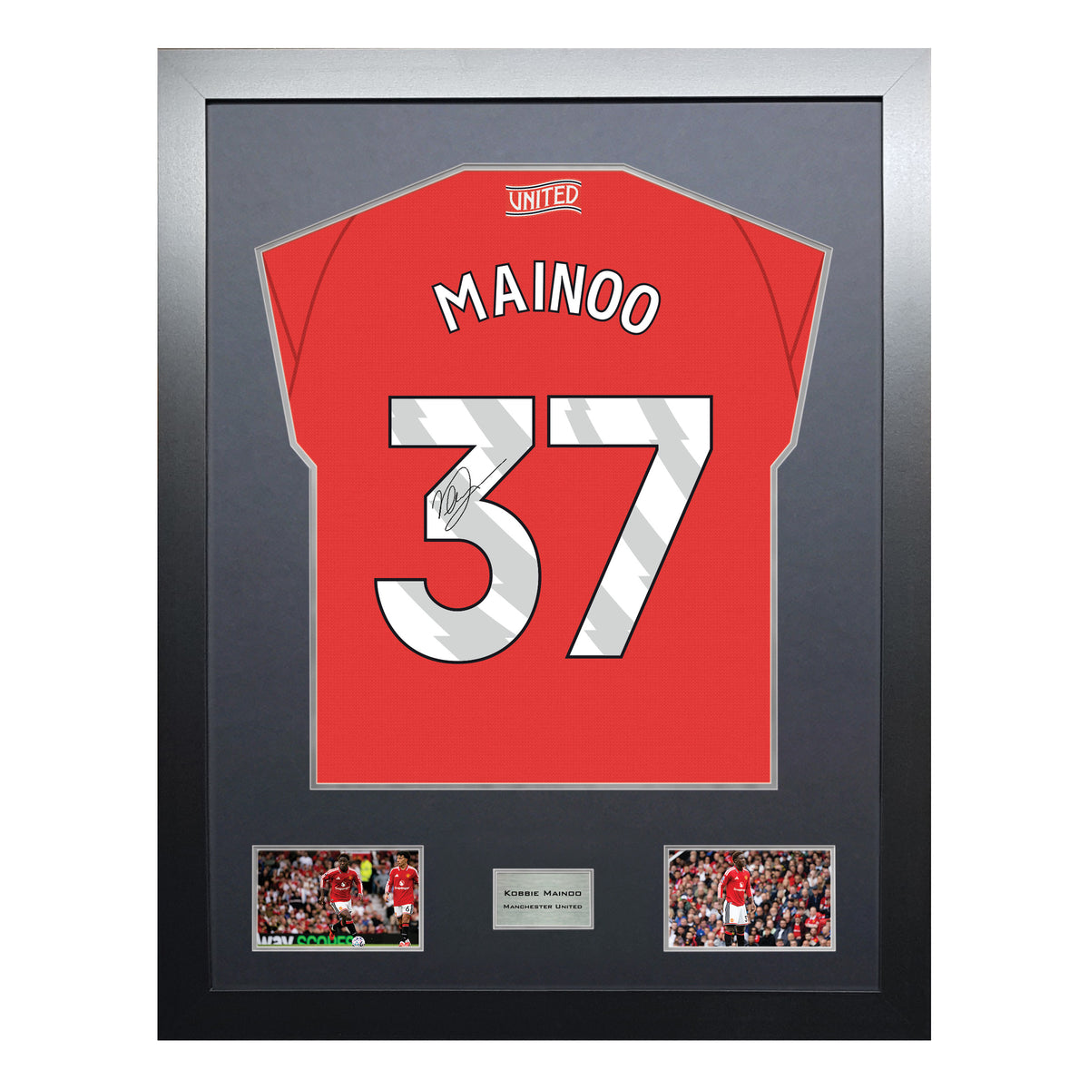 Kobbie Mainoo Highline framed football shirt display with machine-applied signature and black/silver mount on white background