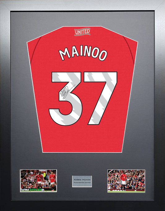Kobbie Mainoo Standard framed football shirt display with machine-applied signature