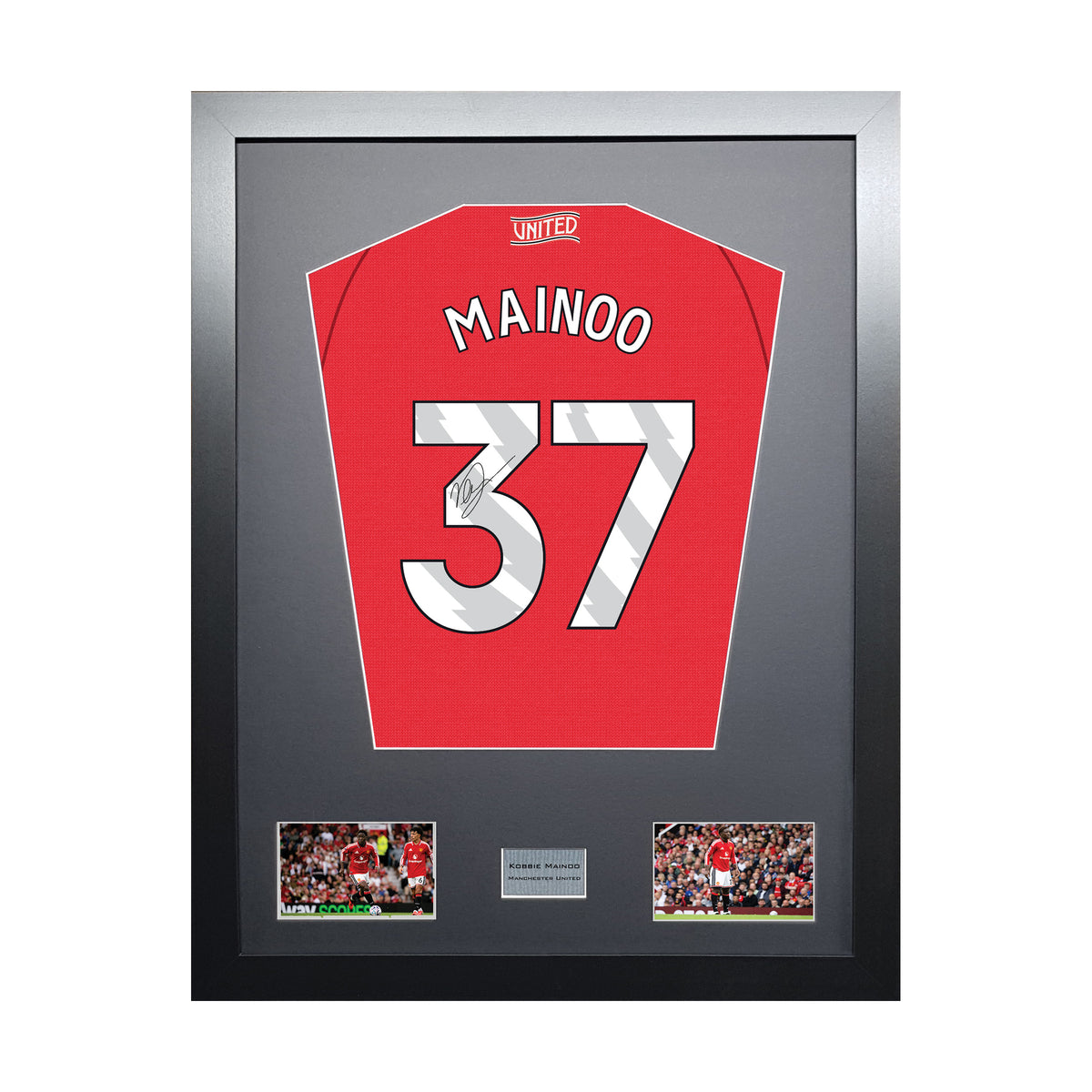 Kobbie Mainoo Standard framed football shirt display with machine-applied signature on white background