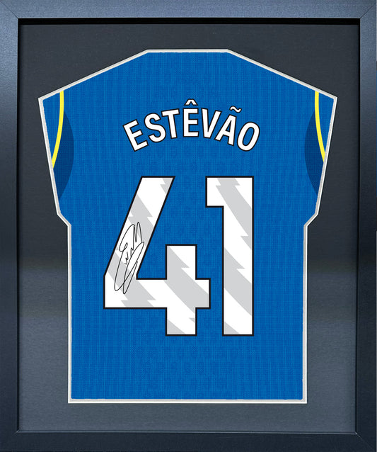 Estevao compact Gift 450 framed football display with black/silver mount and machine-applied pen signature