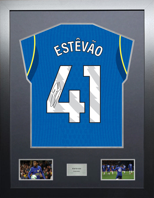 Estevao Highline framed football shirt display with machine-applied signature and black/silver mount