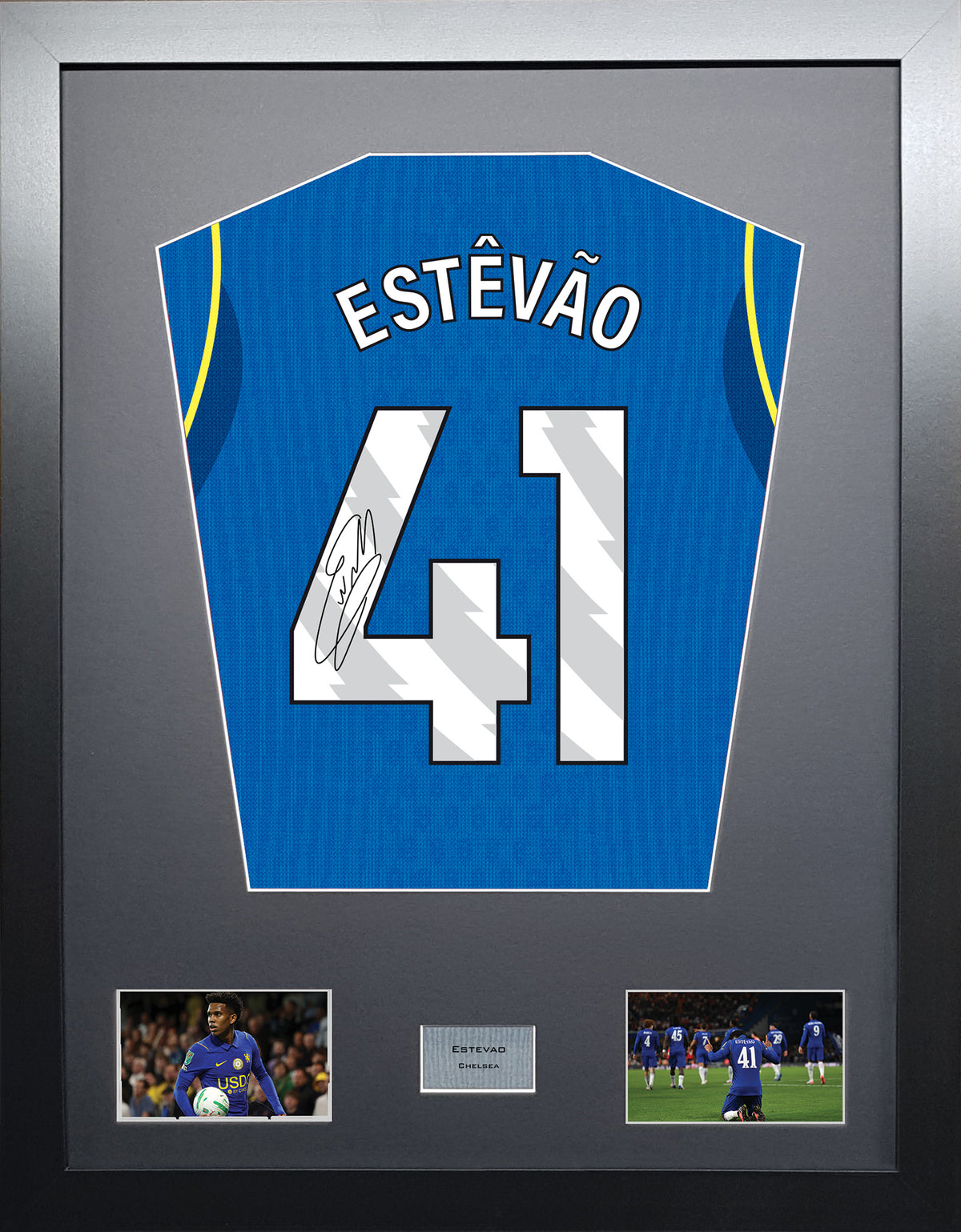 Estevao Standard framed football shirt display with machine-applied signature