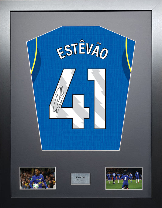 Estevao Standard framed football shirt display with machine-applied signature