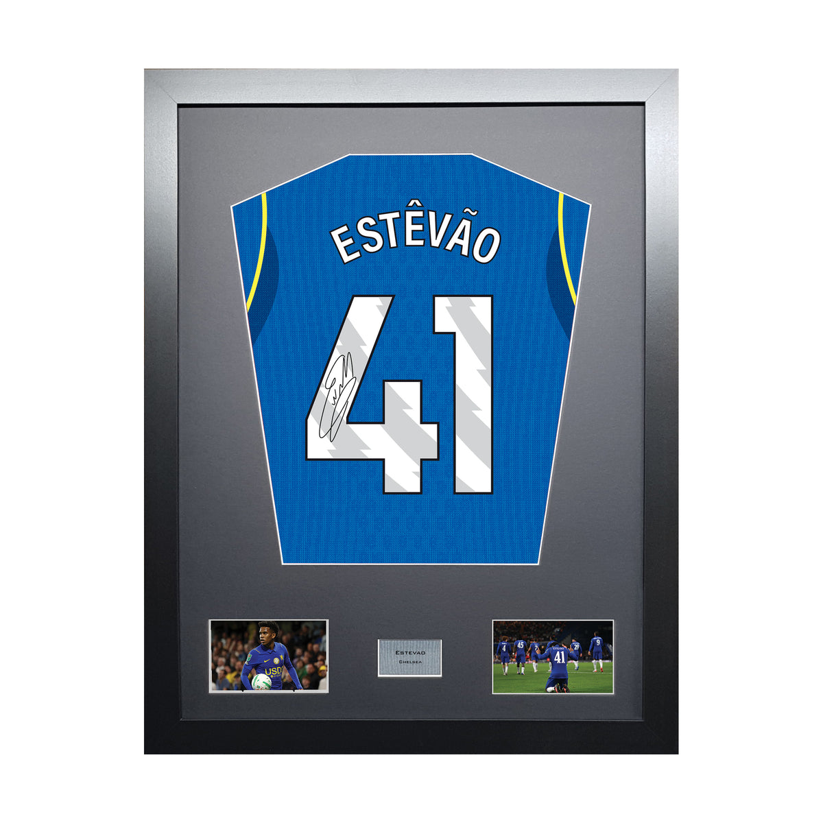 Estevao Standard framed football shirt display with machine-applied signature on white background
