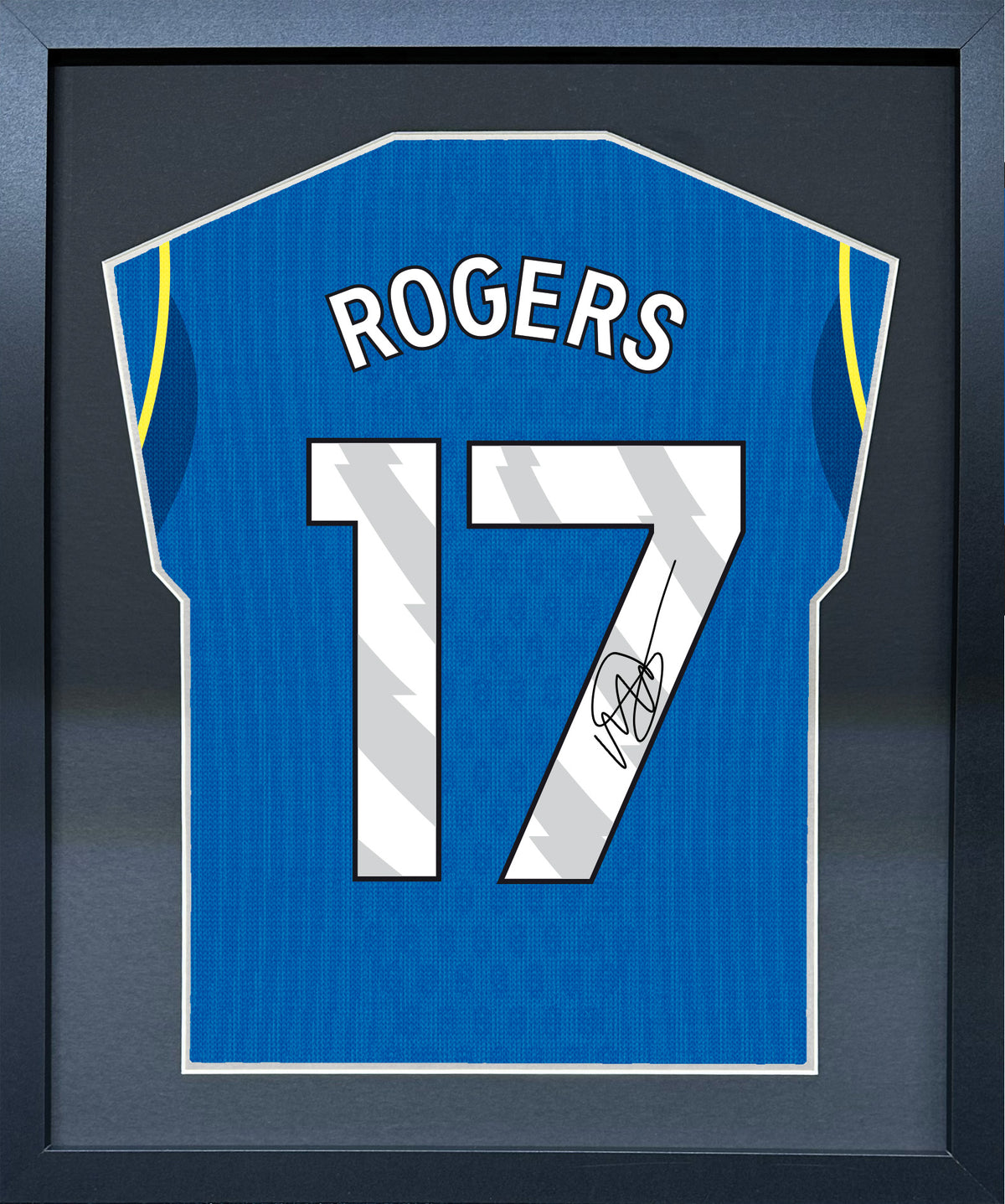 Morgan Rogers compact Gift 450 framed football display with black/silver mount and machine-applied pen signature