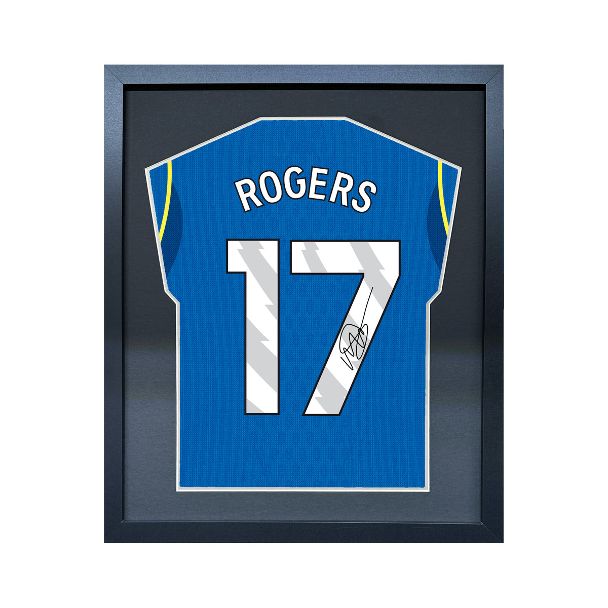Morgan Rogers compact Gift 450 framed football display with black/silver mount and machine-applied pen signature on white background